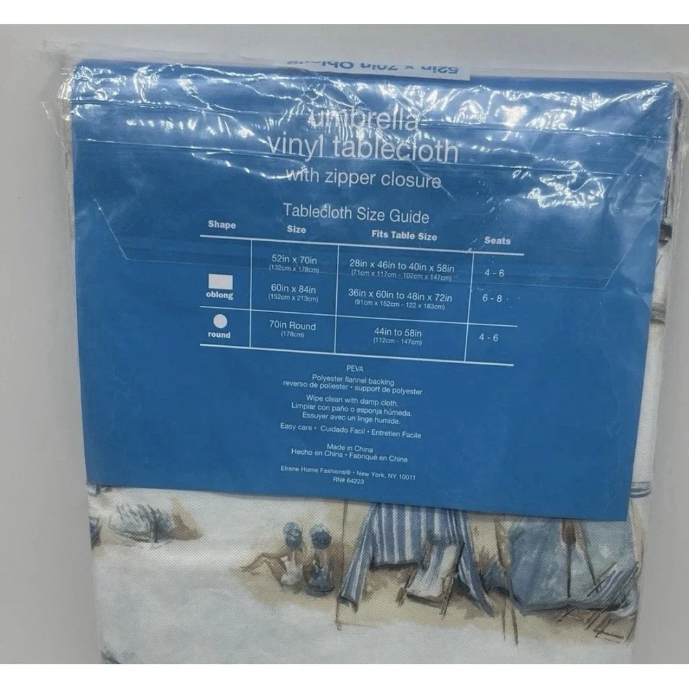 Vinyl Tablecloth Summer Fun Umbrella Zipper Closure 52x70 Oblong Beach Scene New